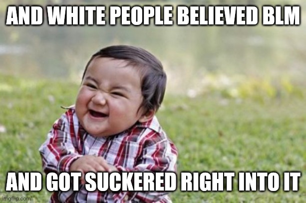 Evil Toddler Meme | AND WHITE PEOPLE BELIEVED BLM AND GOT SUCKERED RIGHT INTO IT | image tagged in memes,evil toddler | made w/ Imgflip meme maker