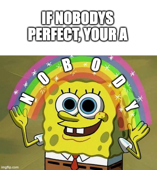 nobody | IF NOBODYS PERFECT, YOUR A; O; B; D; O; N; Y | image tagged in blank white template,memes,imagination spongebob | made w/ Imgflip meme maker