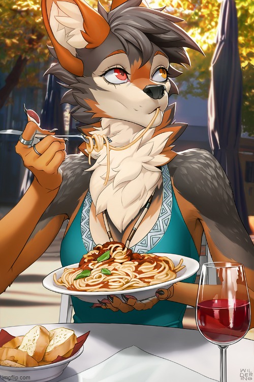 Ah, ottima cucina italiana. (By Wildering) | image tagged in memes,furry,spaghetti,food,art,italian | made w/ Imgflip meme maker