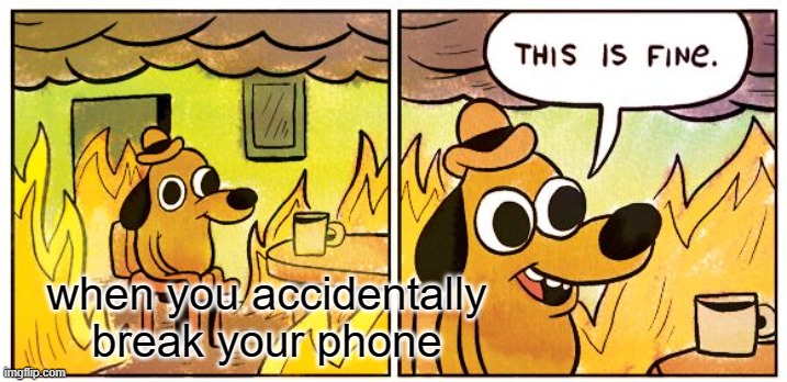 Life be like this | when you accidentally break your phone | image tagged in memes,this is fine | made w/ Imgflip meme maker