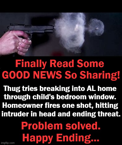 I know, he was 'just turning his life around' but it wasn't soon enough in this case.... | Finally Read Some 
GOOD NEWS So Sharing! Thug tries breaking into AL home 
through child's bedroom window. 
Homeowner fires one shot, hitting 
intruder in head and ending threat. Problem solved.
Happy Ending... | image tagged in politics,criminals,the left coddles and encourages crime,leftists,criminals bad,law and order | made w/ Imgflip meme maker