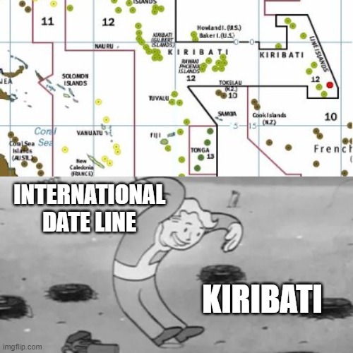 International date line around Kiribati | INTERNATIONAL DATE LINE; KIRIBATI | image tagged in memes | made w/ Imgflip meme maker