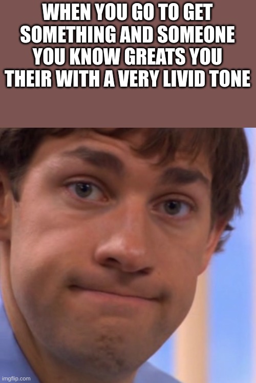 Welp Jim face | WHEN YOU GO TO GET SOMETHING AND SOMEONE YOU KNOW GREATS YOU THEIR WITH A VERY LIVID TONE | image tagged in welp jim face | made w/ Imgflip meme maker