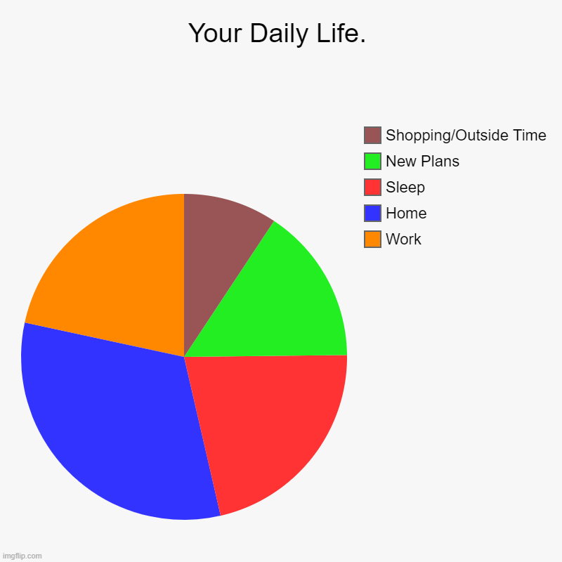 Your Daily Life | Your Daily Life. | Work, Home, Sleep, New Plans, Shopping/Outside Time | image tagged in charts,pie charts | made w/ Imgflip chart maker