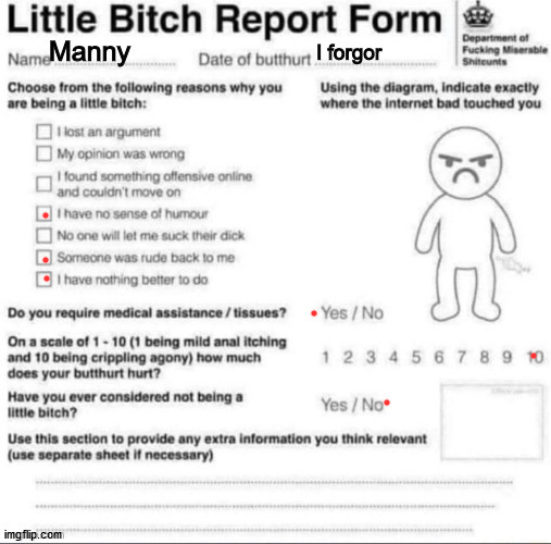 Little bitch report form | Manny; I forgor | image tagged in little bitch report form | made w/ Imgflip meme maker