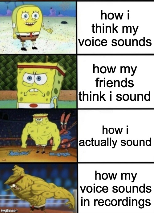 lmao |  how i think my voice sounds; how my friends think i sound; how i actually sound; how my voice sounds in recordings | image tagged in spongebob strength | made w/ Imgflip meme maker