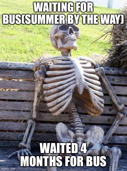 Waiting be like |  WAITING FOR BUS(SUMMER BY THE WAY); WAITED 4 MONTHS FOR BUS | image tagged in memes,waiting skeleton | made w/ Imgflip meme maker