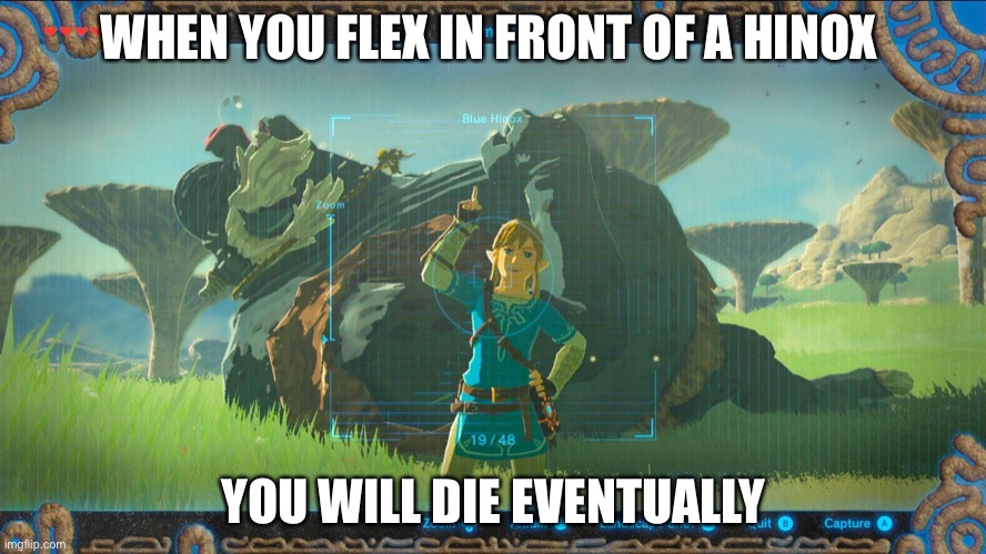 link botw | WHEN YOU FLEX IN FRONT OF A HINOX; YOU WILL DIE EVENTUALLY | image tagged in link botw | made w/ Imgflip meme maker