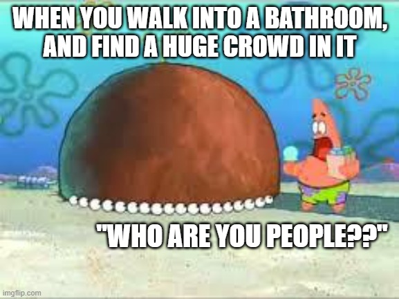 Why does this always happen in high school? | WHEN YOU WALK INTO A BATHROOM, AND FIND A HUGE CROWD IN IT; "WHO ARE YOU PEOPLE??" | image tagged in who are you people | made w/ Imgflip meme maker