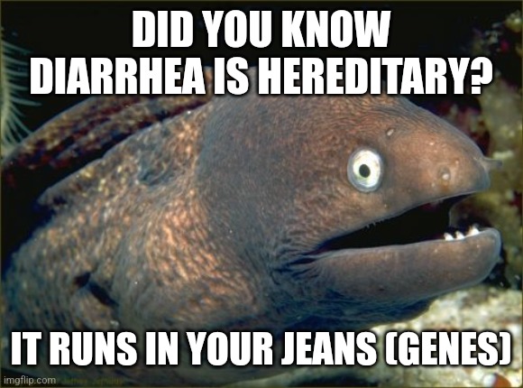 Bad Joke Eel | DID YOU KNOW DIARRHEA IS HEREDITARY? IT RUNS IN YOUR JEANS (GENES) | image tagged in memes,bad joke eel | made w/ Imgflip meme maker