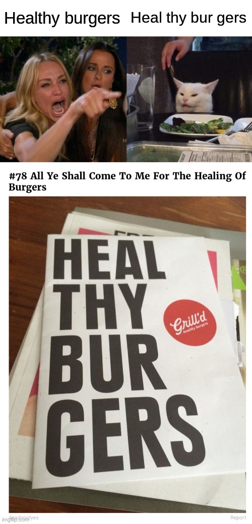Healthy burgers; Heal thy bur gers | image tagged in memes,woman yelling at cat | made w/ Imgflip meme maker