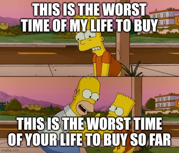 Simpsons so far | THIS IS THE WORST TIME OF MY LIFE TO BUY; THIS IS THE WORST TIME OF YOUR LIFE TO BUY SO FAR | image tagged in simpsons so far | made w/ Imgflip meme maker