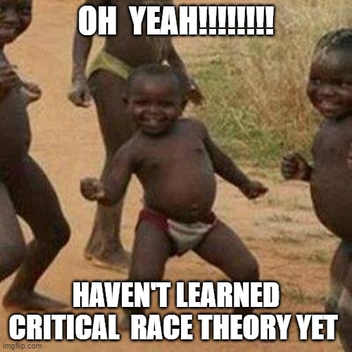 Third World Success Kid | OH  YEAH!!!!!!!! HAVEN'T LEARNED CRITICAL  RACE THEORY YET | image tagged in memes,third world success kid | made w/ Imgflip meme maker