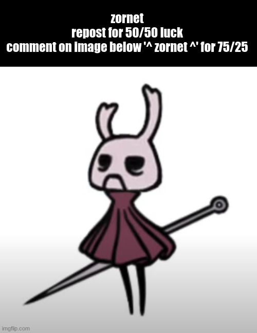 zornet
repost for 50/50 luck
comment on image below '^ zornet ^' for 75/25 | image tagged in zornet | made w/ Imgflip meme maker
