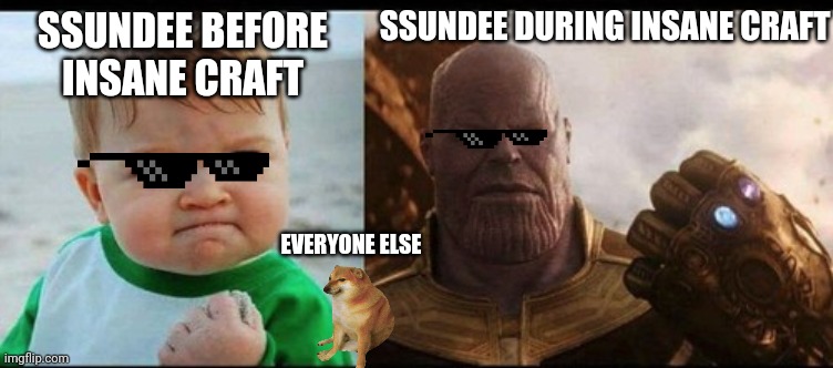 Ssundee and insane craft | SSUNDEE DURING INSANE CRAFT; SSUNDEE BEFORE INSANE CRAFT; EVERYONE ELSE | image tagged in thanos and baby | made w/ Imgflip meme maker