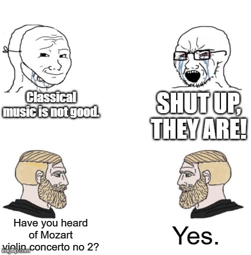 Have YOU! hear of mozart violin concerto no 2? | Classical music is not good. SHUT UP, THEY ARE! Yes. Have you heard of Mozart violin concerto no 2? | image tagged in chad we know | made w/ Imgflip meme maker