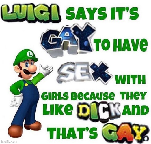 Luigi Says It's Gay To Have Sex With Women Because | image tagged in luigi says it's gay to have sex with women because | made w/ Imgflip meme maker