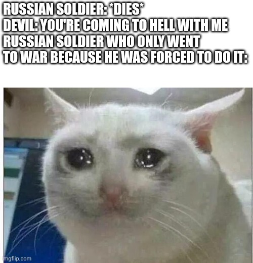 This is sad | RUSSIAN SOLDIER: *DIES*
DEVIL: YOU'RE COMING TO HELL WITH ME
RUSSIAN SOLDIER WHO ONLY WENT TO WAR BECAUSE HE WAS FORCED TO DO IT: | image tagged in crying cat,russia,ukraine,war,hell,soldiers | made w/ Imgflip meme maker