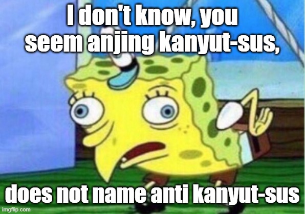 Does not name anjing-kanyut sus and 7 hours later than stop with you | I don't know, you seem anjing kanyut-sus, does not name anti kanyut-sus | image tagged in memes,mocking spongebob | made w/ Imgflip meme maker