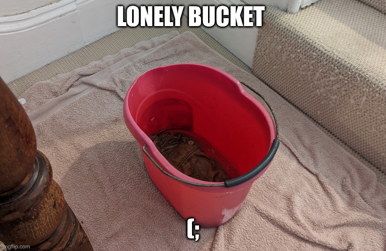 bocket | LONELY BUCKET; (; | image tagged in the famous lonely bucket,bucket,sad,lolz,lonely,red | made w/ Imgflip meme maker
