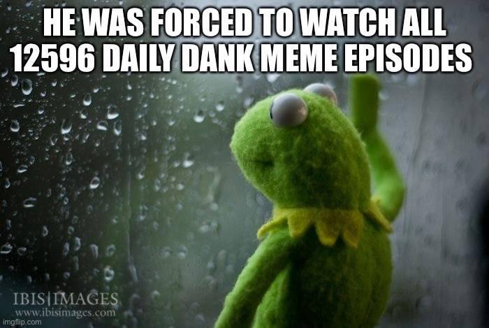 So sad | HE WAS FORCED TO WATCH ALL 12596 DAILY DANK MEME EPISODES 😢 | image tagged in kermit window,sad,dank memes,youtube,clumsy | made w/ Imgflip meme maker