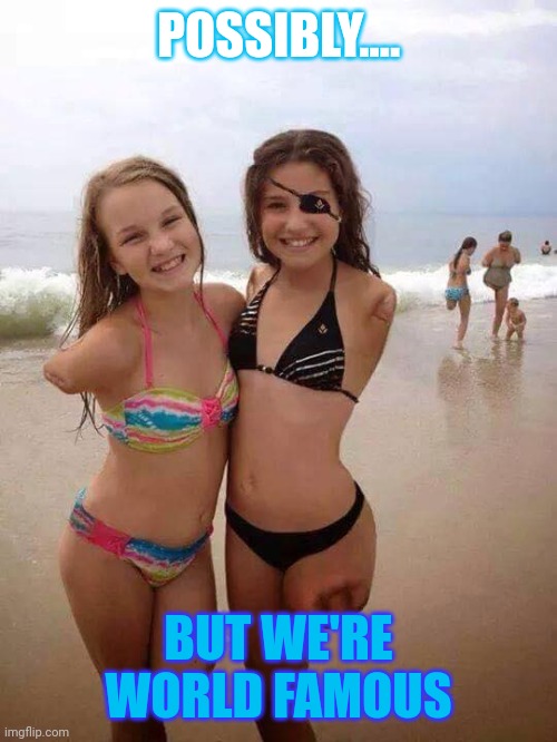 Memes, amputated girls, shark bite survivors | POSSIBLY.... BUT WE'RE WORLD FAMOUS | image tagged in memes amputated girls shark bite survivors | made w/ Imgflip meme maker