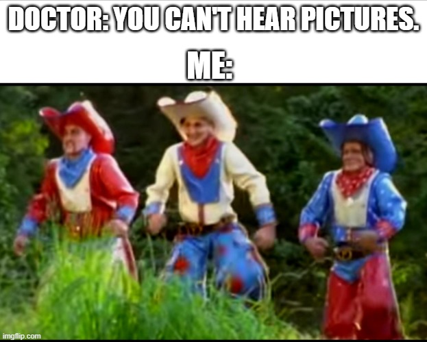 Primus Cowboys | DOCTOR: YOU CAN'T HEAR PICTURES. ME: | image tagged in primus cowboys | made w/ Imgflip meme maker
