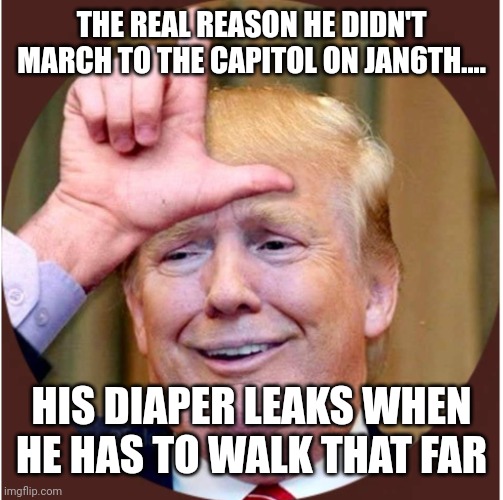 Muh depends | THE REAL REASON HE DIDN'T MARCH TO THE CAPITOL ON JAN6TH.... HIS DIAPER LEAKS WHEN HE HAS TO WALK THAT FAR | image tagged in trump loser | made w/ Imgflip meme maker