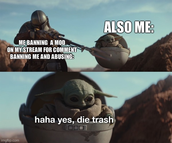 i should definitely make the mod quiz harder for TheImgflpUnion | ALSO ME:; ME BANNING  A MOD ON MY STREAM FOR COMMENT BANNING ME AND ABUSING: | image tagged in baby yoda die trash | made w/ Imgflip meme maker