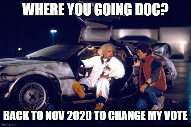 Back to the future | WHERE YOU GOING DOC? BACK TO NOV 2020 TO CHANGE MY VOTE | image tagged in back to the future | made w/ Imgflip meme maker