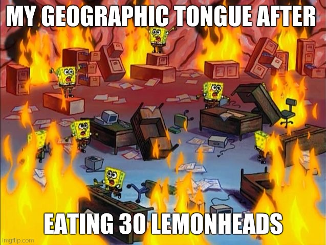 it means your tongue has big crevices like canyons but citrus hurts it | MY GEOGRAPHIC TONGUE AFTER; EATING 30 LEMONHEADS | image tagged in spongebob fire | made w/ Imgflip meme maker