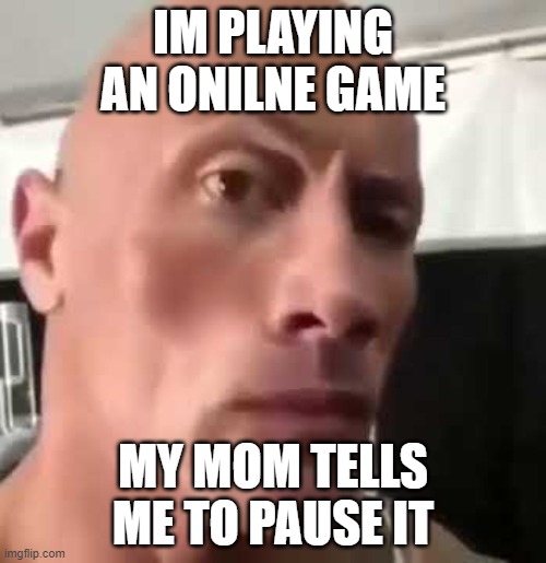 games | IM PLAYING AN ONILNE GAME; MY MOM TELLS ME TO PAUSE IT | image tagged in the rock eyebrows | made w/ Imgflip meme maker