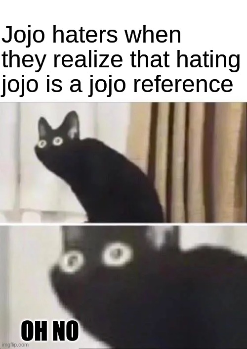 Oh No Black Cat | Jojo haters when they realize that hating jojo is a jojo reference OH NO | image tagged in oh no black cat | made w/ Imgflip meme maker