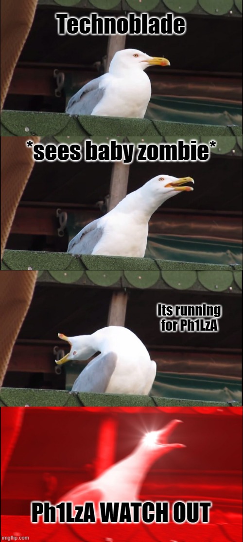 Technoblade :D | Technoblade; *sees baby zombie*; Its running for Ph1LzA; Ph1LzA WATCH OUT | image tagged in memes,inhaling seagull | made w/ Imgflip meme maker