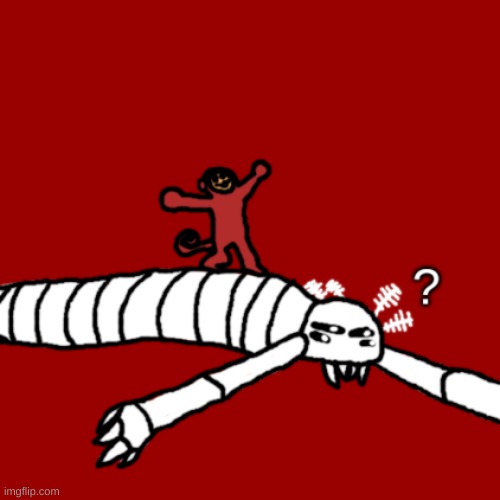One of my Flesh Pit species Esca Simia, or Meat Monkey, pretending to have a victory over a sleeping Copepod, just waking up. | made w/ Imgflip meme maker