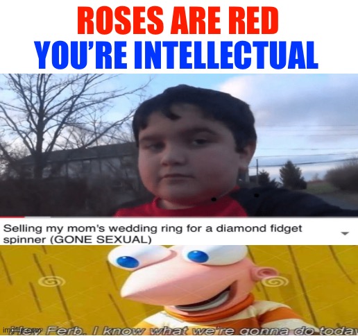what will he be doing today? |  ROSES ARE RED; YOU’RE INTELLECTUAL | image tagged in roses are red,roses are red violets are blue,phineas and ferb,memes,funny,poem | made w/ Imgflip meme maker