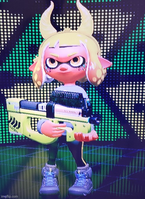Heya guys alex here, what gun is Inkmatas holding, I saw her come out of a kettle with this | made w/ Imgflip meme maker