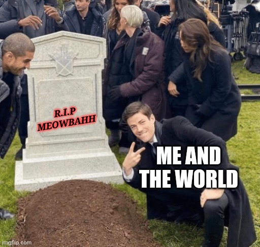 meowbahh | R.I.P MEOWBAHH; ME AND THE WORLD | image tagged in grant gustin over grave | made w/ Imgflip meme maker