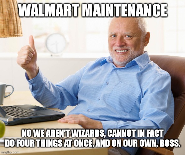 I can't decide who I despise more people lead or store manager | WALMART MAINTENANCE; NO WE AREN'T WIZARDS, CANNOT IN FACT DO FOUR THINGS AT ONCE, AND ON OUR OWN, BOSS. | image tagged in hide the pain harold,walmart life,maintenance | made w/ Imgflip meme maker