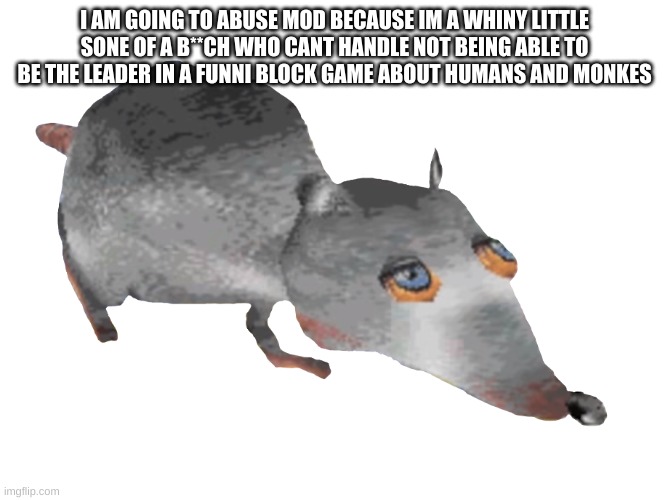 Jerma Rat | I AM GOING TO ABUSE MOD BECAUSE IM A WHINY LITTLE SONE OF A B**CH WHO CANT HANDLE NOT BEING ABLE TO BE THE LEADER IN A FUNNI BLOCK GAME ABOUT HUMANS AND MONKES | image tagged in jerma rat | made w/ Imgflip meme maker