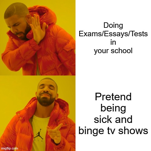 Something we all relate to | Doing Exams/Essays/Tests in your school; Pretend being sick and binge tv shows | image tagged in memes,drake hotline bling | made w/ Imgflip meme maker