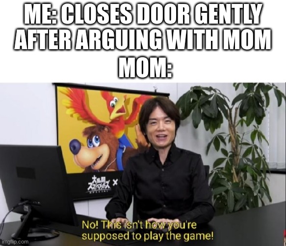 This isn't how you're supposed to play the game! | ME: CLOSES DOOR GENTLY AFTER ARGUING WITH MOM; MOM: | image tagged in this isn't how you're supposed to play the game | made w/ Imgflip meme maker