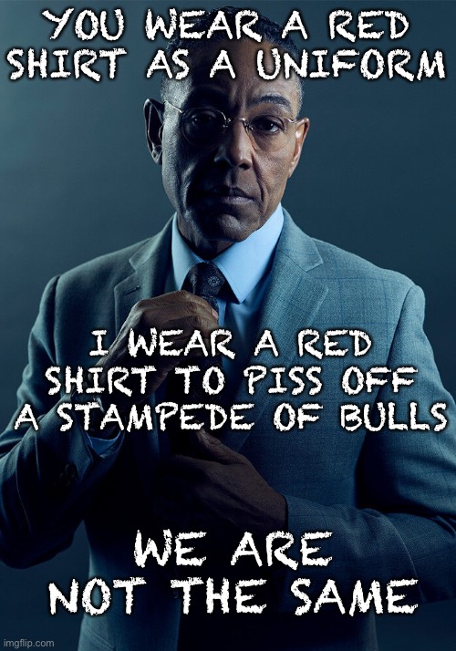 Gus Fring we are not the same | YOU WEAR A RED SHIRT AS A UNIFORM I WEAR A RED SHIRT TO PISS OFF A STAMPEDE OF BULLS WE ARE NOT THE SAME | image tagged in gus fring we are not the same | made w/ Imgflip meme maker