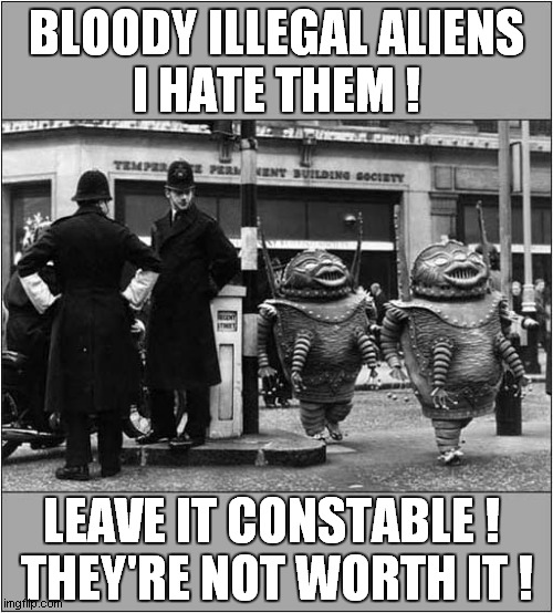 Vintage Hate ! | BLOODY ILLEGAL ALIENS
I HATE THEM ! LEAVE IT CONSTABLE ! 
THEY'RE NOT WORTH IT ! | image tagged in vintage,police,hatred,aliens | made w/ Imgflip meme maker