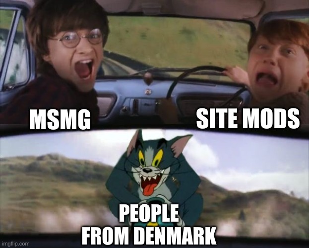 Tom chasing Harry and Ron Weasly | SITE MODS; MSMG; PEOPLE FROM DENMARK | image tagged in tom chasing harry and ron weasly | made w/ Imgflip meme maker