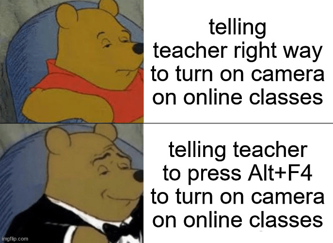 Online Class Camera | telling teacher right way to turn on camera on online classes; telling teacher to press Alt+F4 to turn on camera on online classes | image tagged in memes,tuxedo winnie the pooh | made w/ Imgflip meme maker