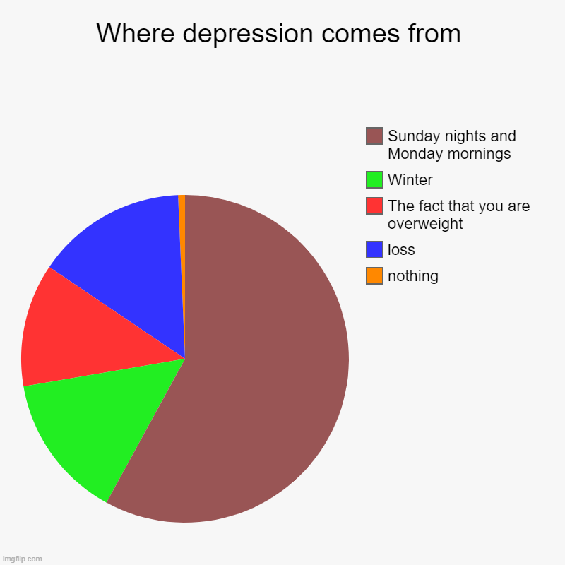 Where depression comes from | nothing, loss, The fact that you are overweight, Winter, Sunday nights and Monday mornings | image tagged in charts,pie charts | made w/ Imgflip chart maker