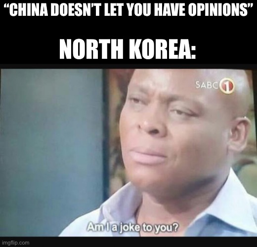 First used in comment | “CHINA DOESN’T LET YOU HAVE OPINIONS”; NORTH KOREA: | image tagged in am i a joke to you,north korea,china,opinions,censorship | made w/ Imgflip meme maker