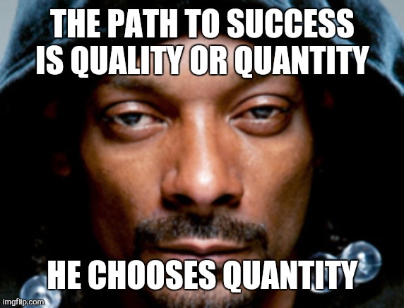 Snoop Scowl | THE PATH TO SUCCESS
IS QUALITY OR QUANTITY; HE CHOOSES QUANTITY | image tagged in snoop scowl | made w/ Imgflip meme maker