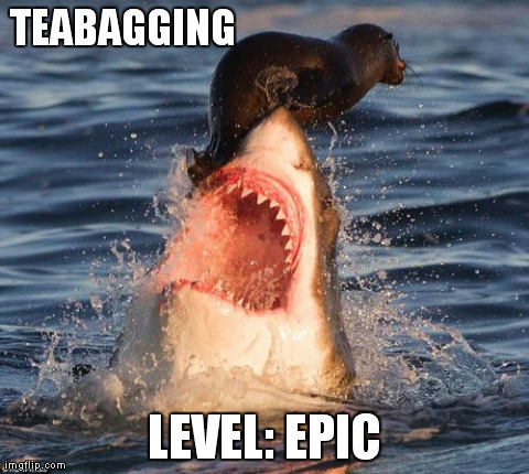epic teabagging | TEABAGGING  LEVEL: EPIC | image tagged in memes,travelonshark | made w/ Imgflip meme maker